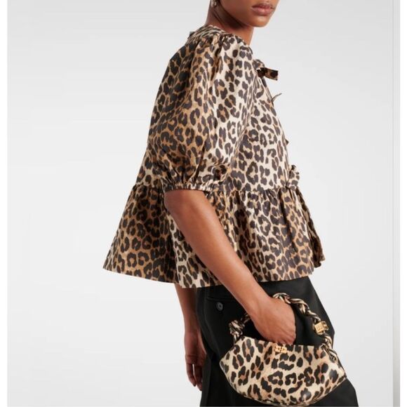 Kaktus Leopard Print Tie-Front Peplum Blouse Cotton Poplin Size Large NWT - Picture 6 of 13